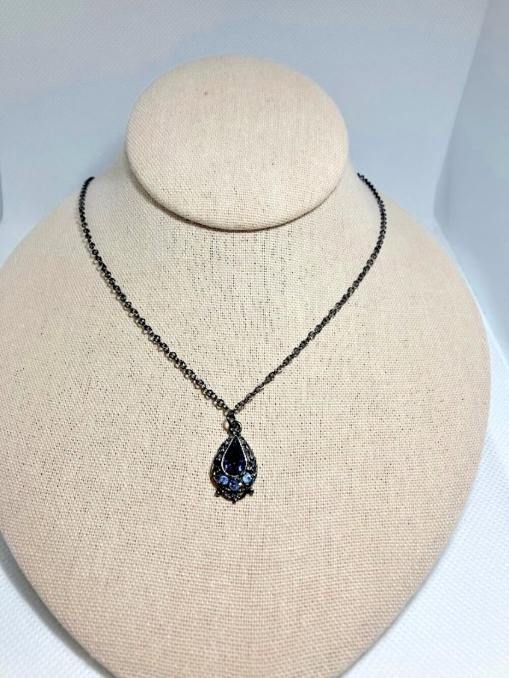 1928 Teardrop Necklace Gunmetal With Blue Crystals Victorian Vintage Inspired